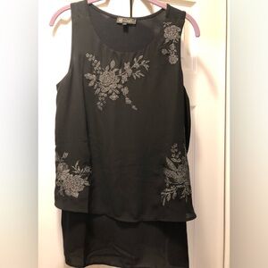 DG2 Easy Tank- Elegant Black Sleeveless Top with Silver Floral Embroidery